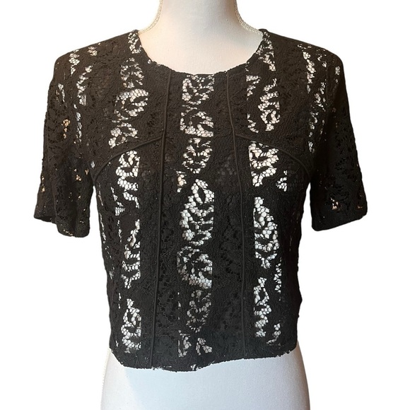 Mustard Seed Black Lace Crop Top Front Lined Back Zipper Closure Size Medium - Picture 1 of 14